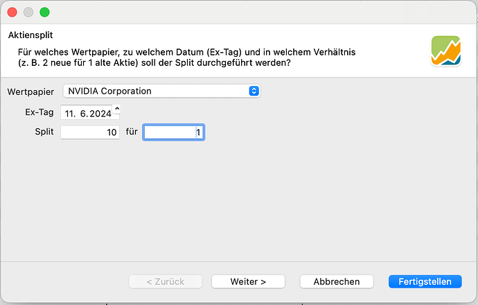 Aktiensplit-Dialog