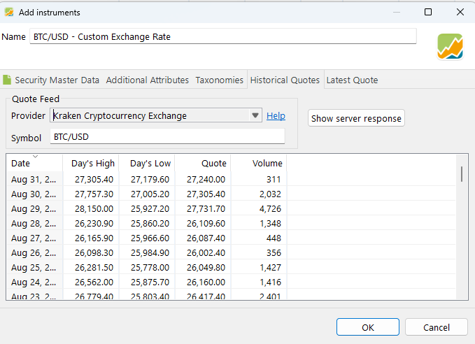 4. Add custom exchange rate for BTC-USD, provide data source
